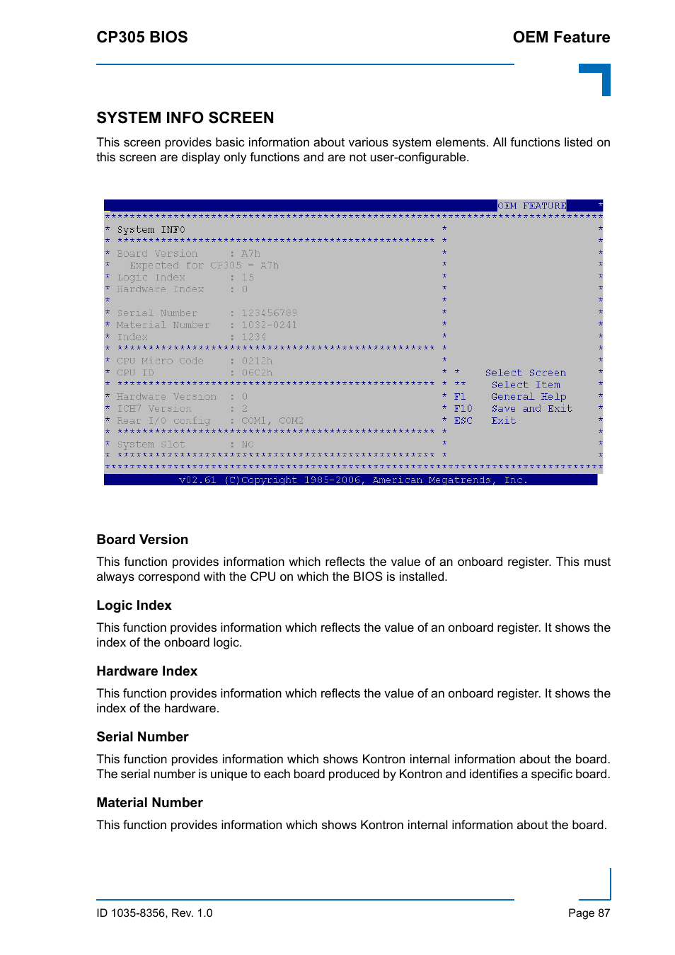 System info screen, Board version, Logic index | Hardware index, Serial number, Material number | Kontron CP305 BIOS User Manual | Page 97 / 124