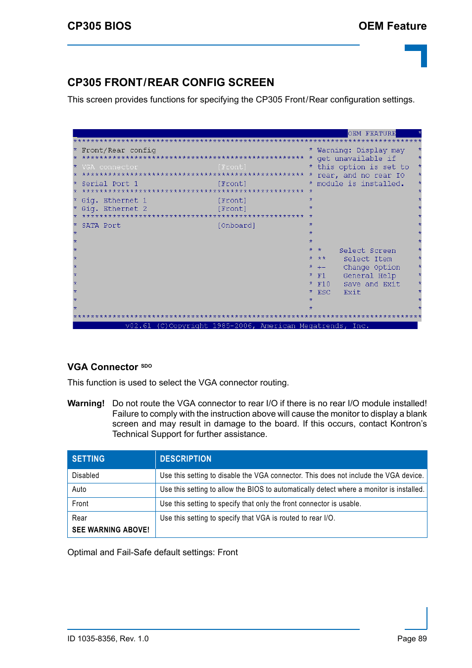 Cp305 front / rear config screen, Vga connector sdo, Cp305 front/rear config screen | Cp305 bios oem feature | Kontron CP305 BIOS User Manual | Page 99 / 124