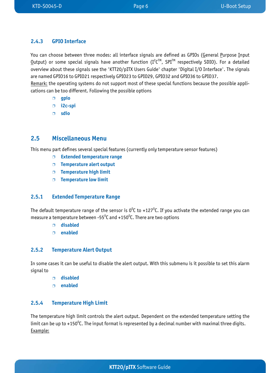 5 miscellaneous menu, 1 extended temperature range, 2 temperature alert output | 4 temperature high limit | Kontron KTT20-pITX User Manual | Page 10 / 56