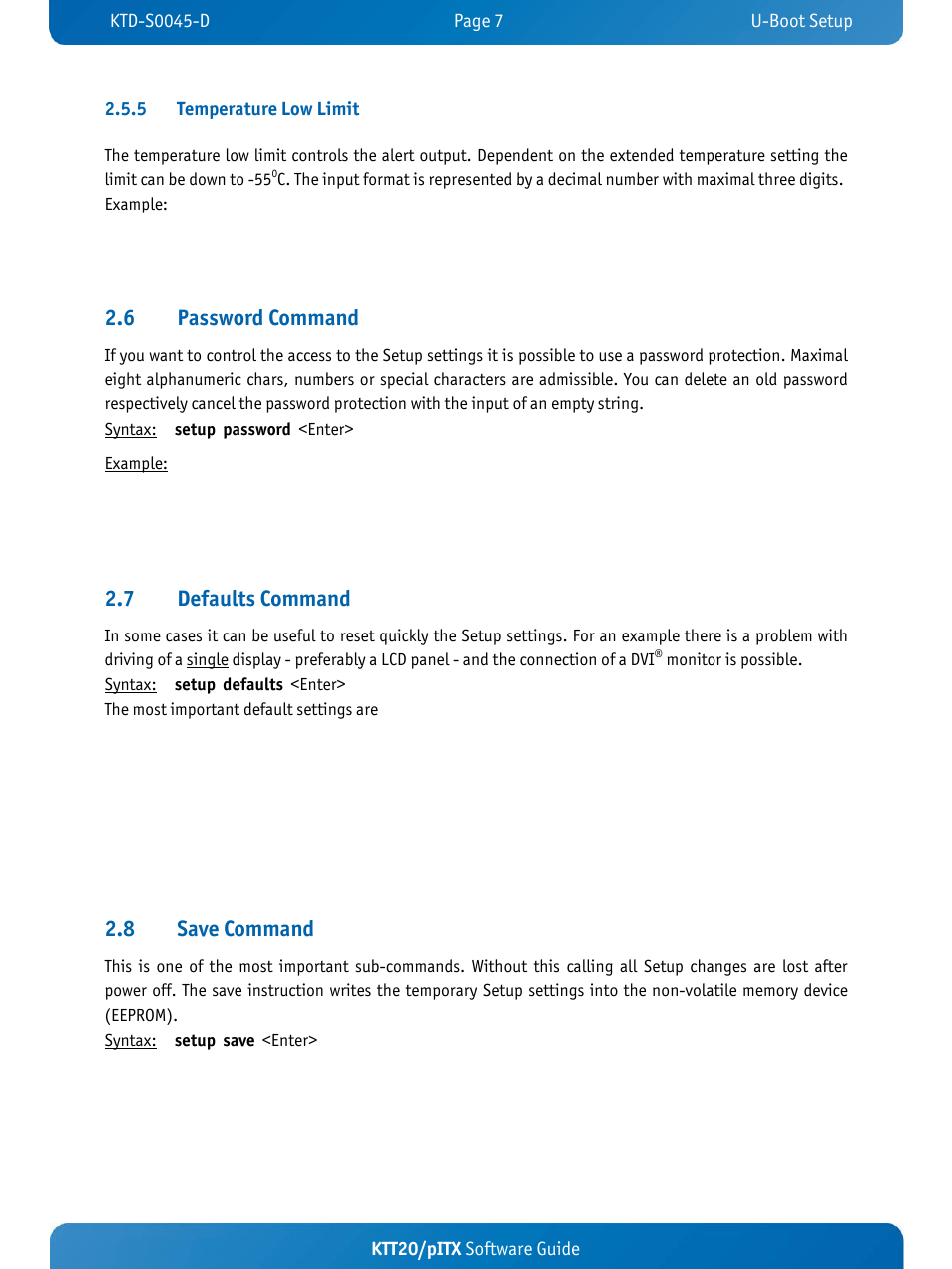 6 password command, 7 defaults command, 8 save command | Kontron KTT20-pITX User Manual | Page 11 / 56