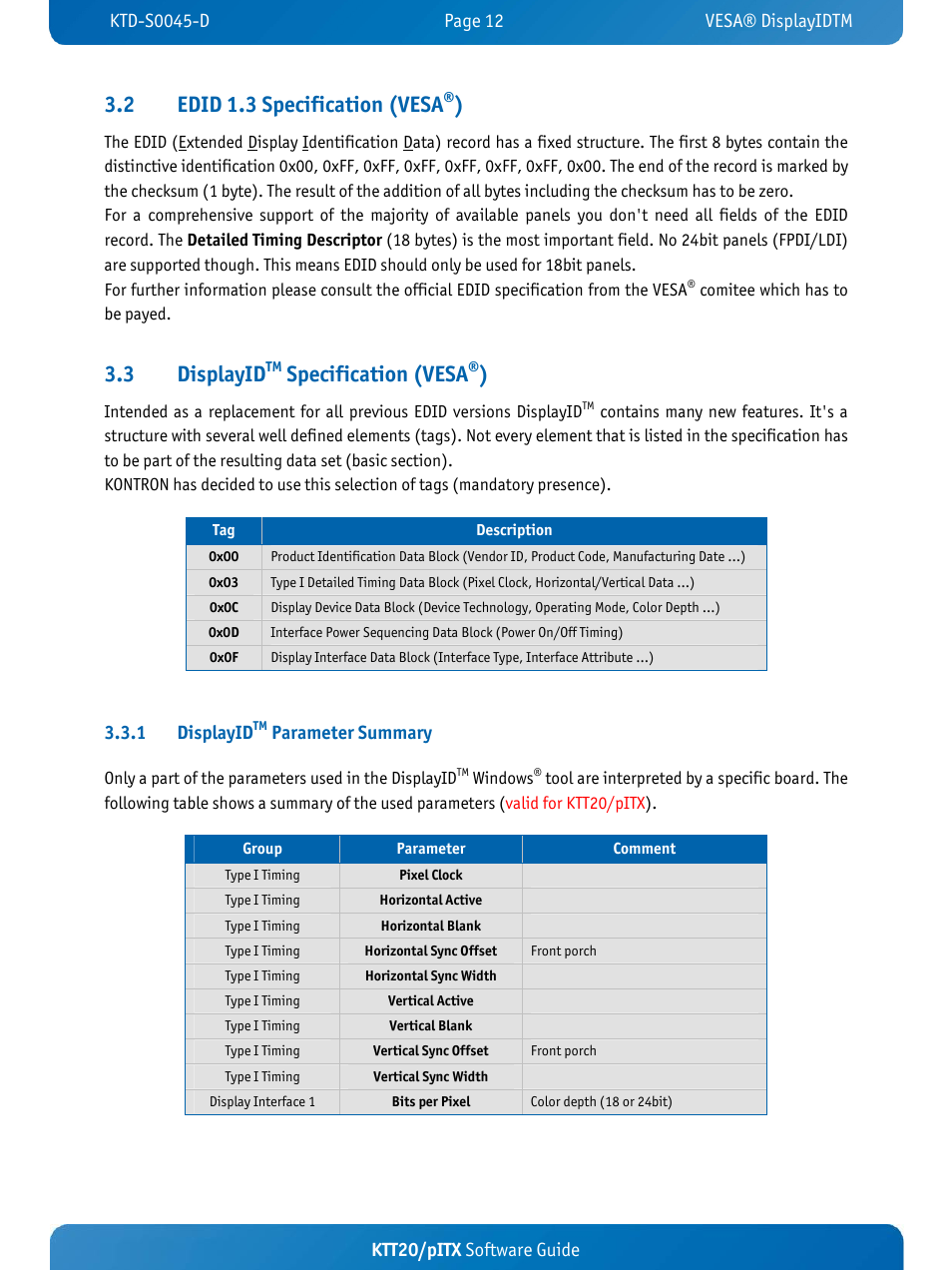 2 edid 1.3 specification (vesa, 3 displayid, Specification (vesa | Ktt20/pitx software guide, 1 displayid, Parameter summary | Kontron KTT20-pITX User Manual | Page 16 / 56