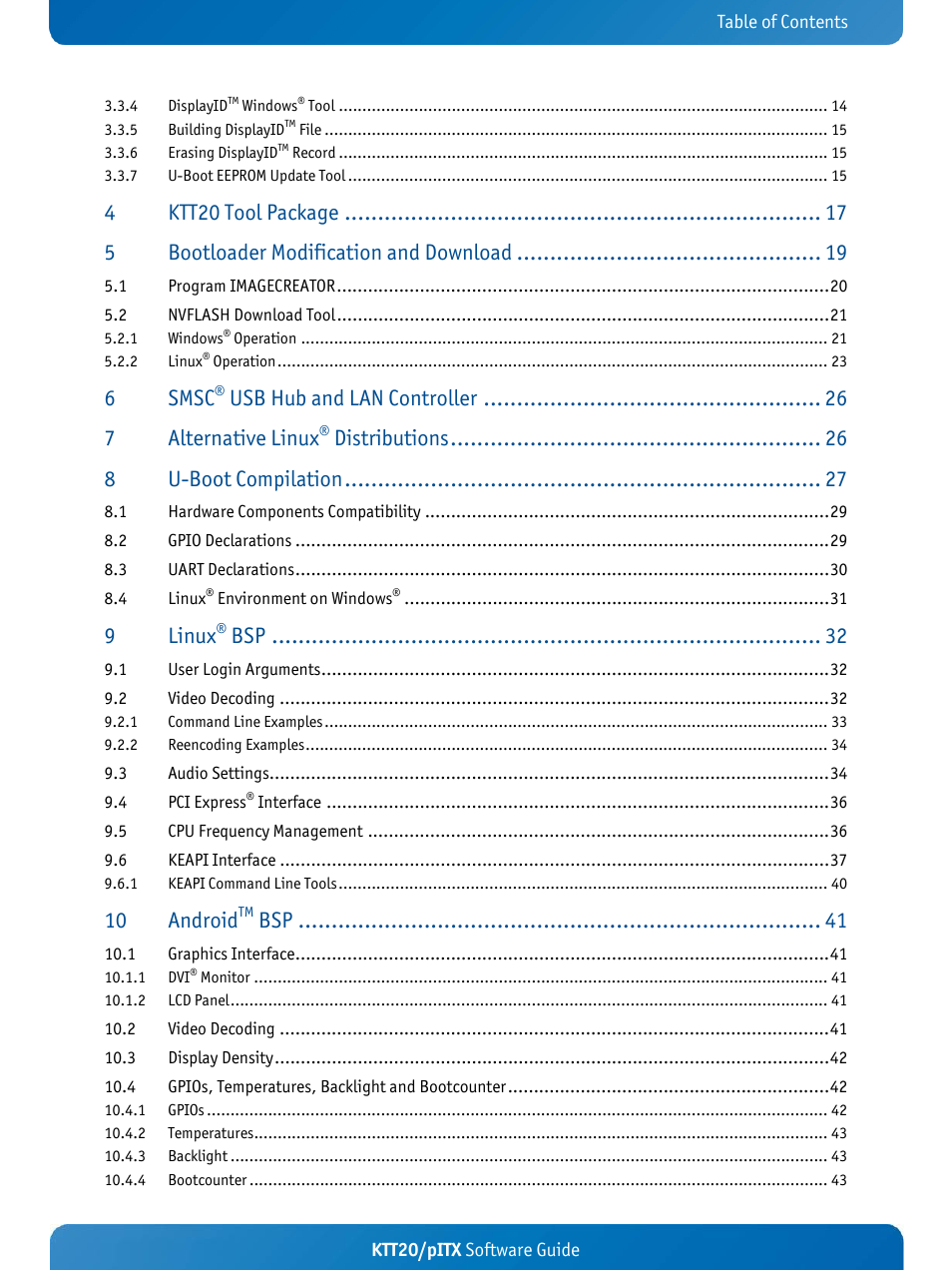 Ktt20 tool package, Bootloader modification and download, Smsc | Usb hub and lan controller, Alternative linux, Distributions, U-boot compilation, Linux, Android | Kontron KTT20-pITX User Manual | Page 3 / 56