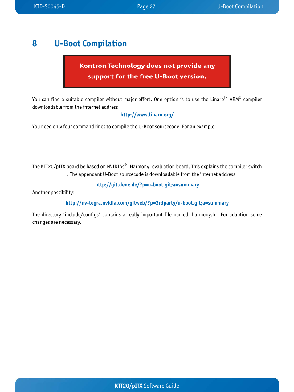 8u-boot compilation, Ktt20/pitx software guide | Kontron KTT20-pITX User Manual | Page 31 / 56