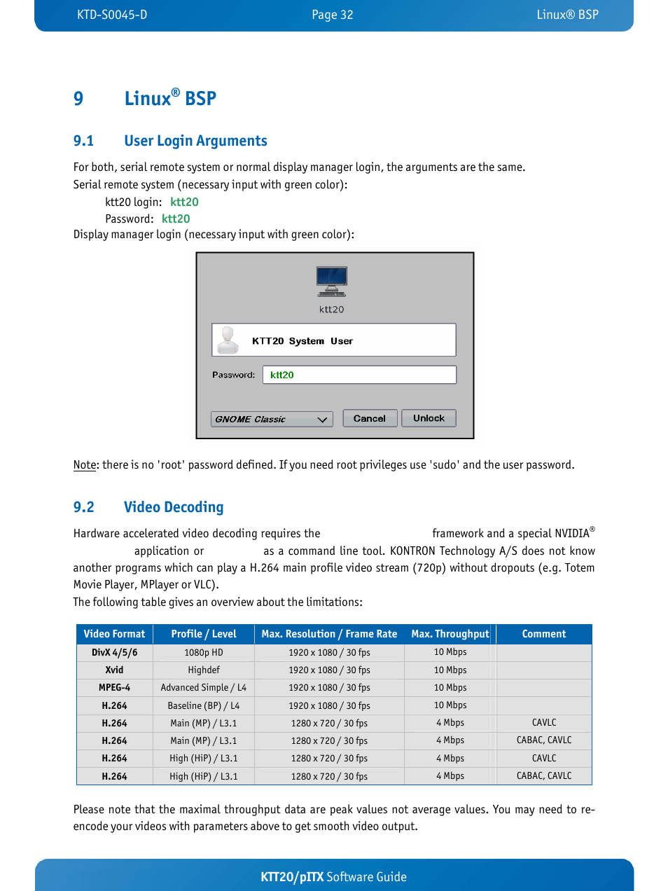 9linux, 1 user login arguments, 2 video decoding | Kontron KTT20-pITX User Manual | Page 36 / 56