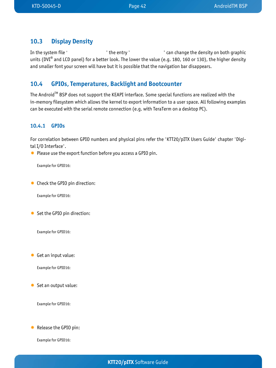 3 display density, 4 gpios, temperatures, backlight and bootcounter, Ktt20/pitx software guide | 1 gpios | Kontron KTT20-pITX User Manual | Page 46 / 56