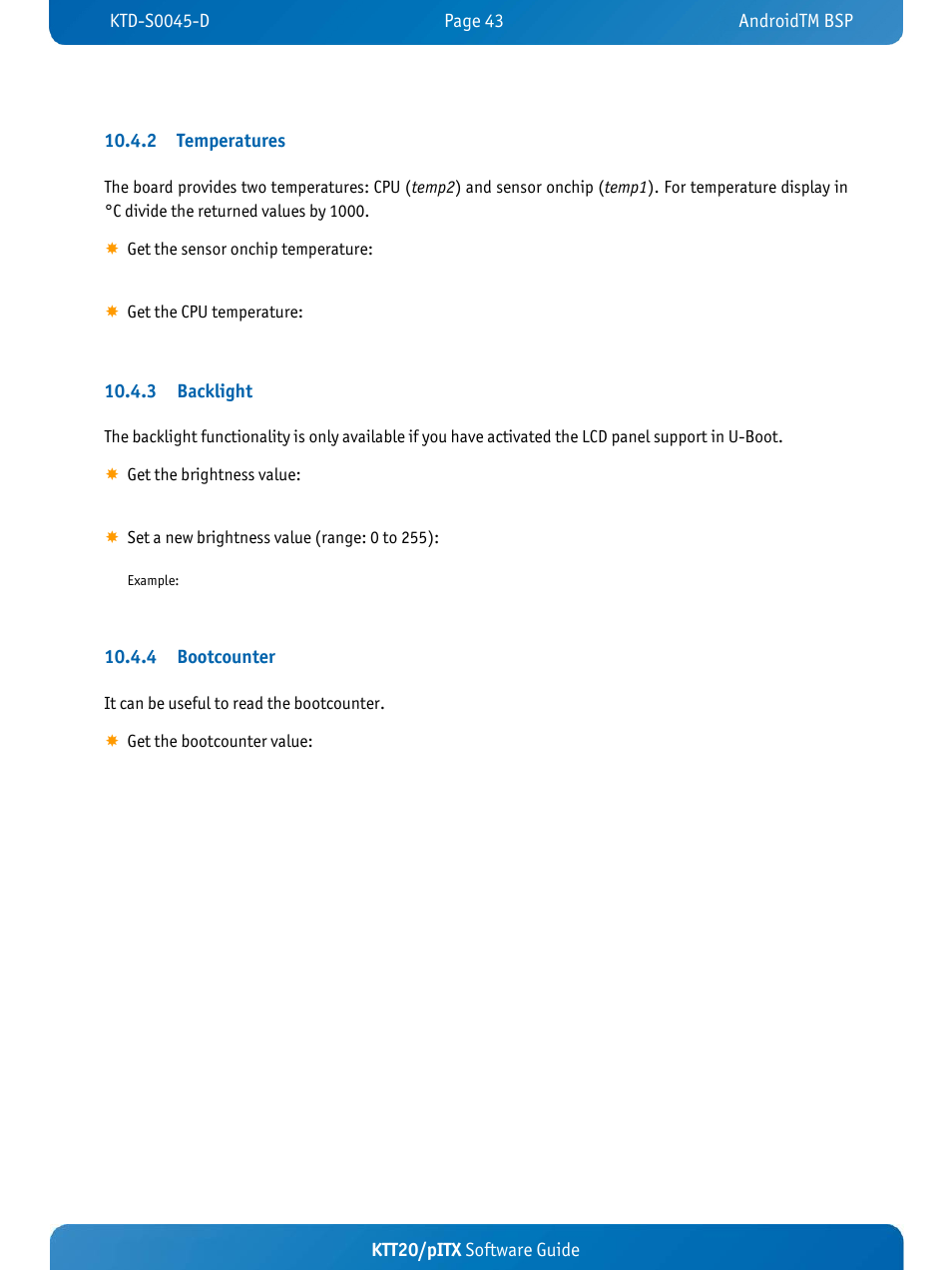 3 backlight, 4 bootcounter | Kontron KTT20-pITX User Manual | Page 47 / 56