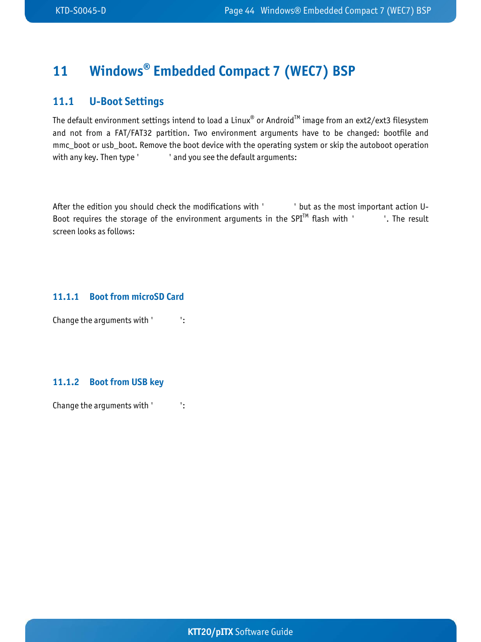 11 windows, Embedded compact 7 (wec7) bsp, 1 u-boot settings | Ktt20/pitx software guide, 1 boot from microsd card, 2 boot from usb key | Kontron KTT20-pITX User Manual | Page 48 / 56