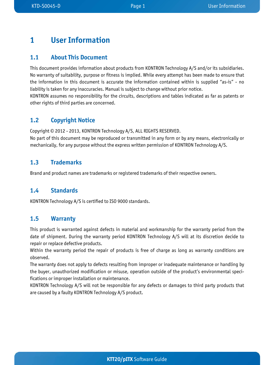 1user information | Kontron KTT20-pITX User Manual | Page 5 / 56