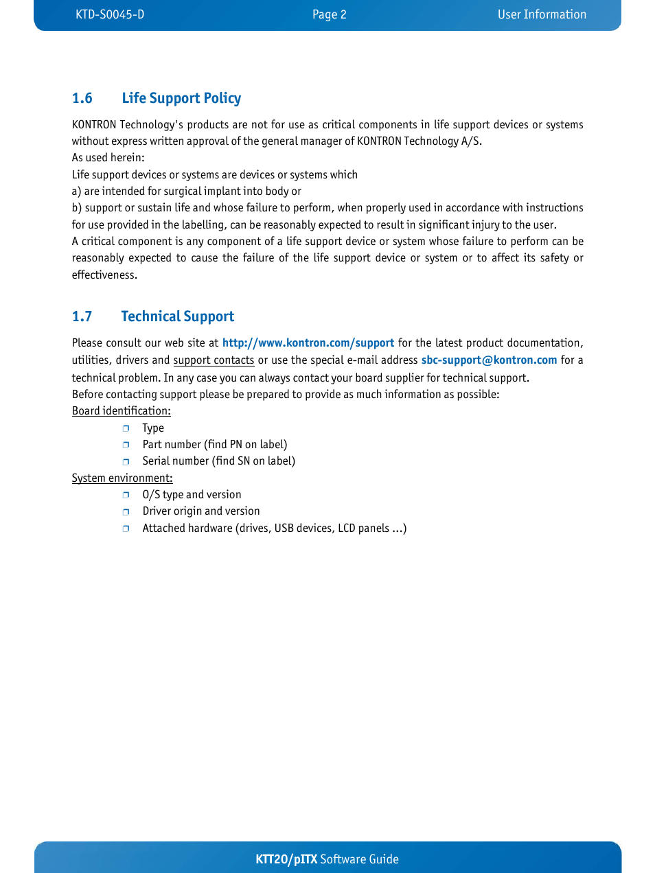 6 life support policy, 7 technical support | Kontron KTT20-pITX User Manual | Page 6 / 56