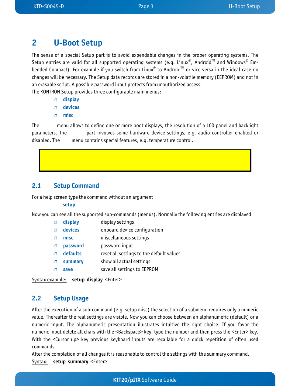 2u-boot setup, 1 setup command, 2 setup usage | Ktt20/pitx software guide | Kontron KTT20-pITX User Manual | Page 7 / 56