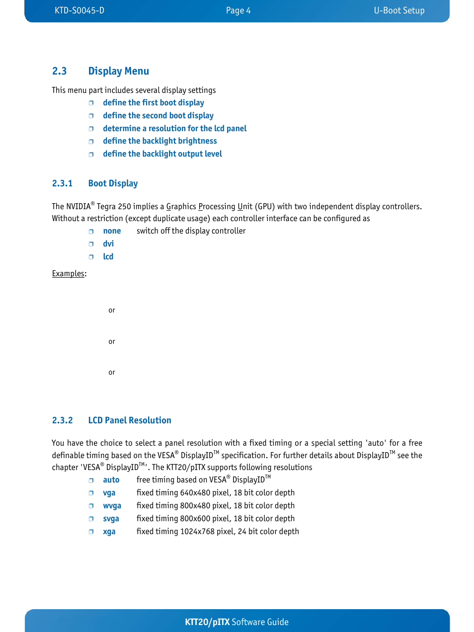 3 display menu, Ktt20/pitx software guide, 1 boot display | 2 lcd panel resolution | Kontron KTT20-pITX User Manual | Page 8 / 56