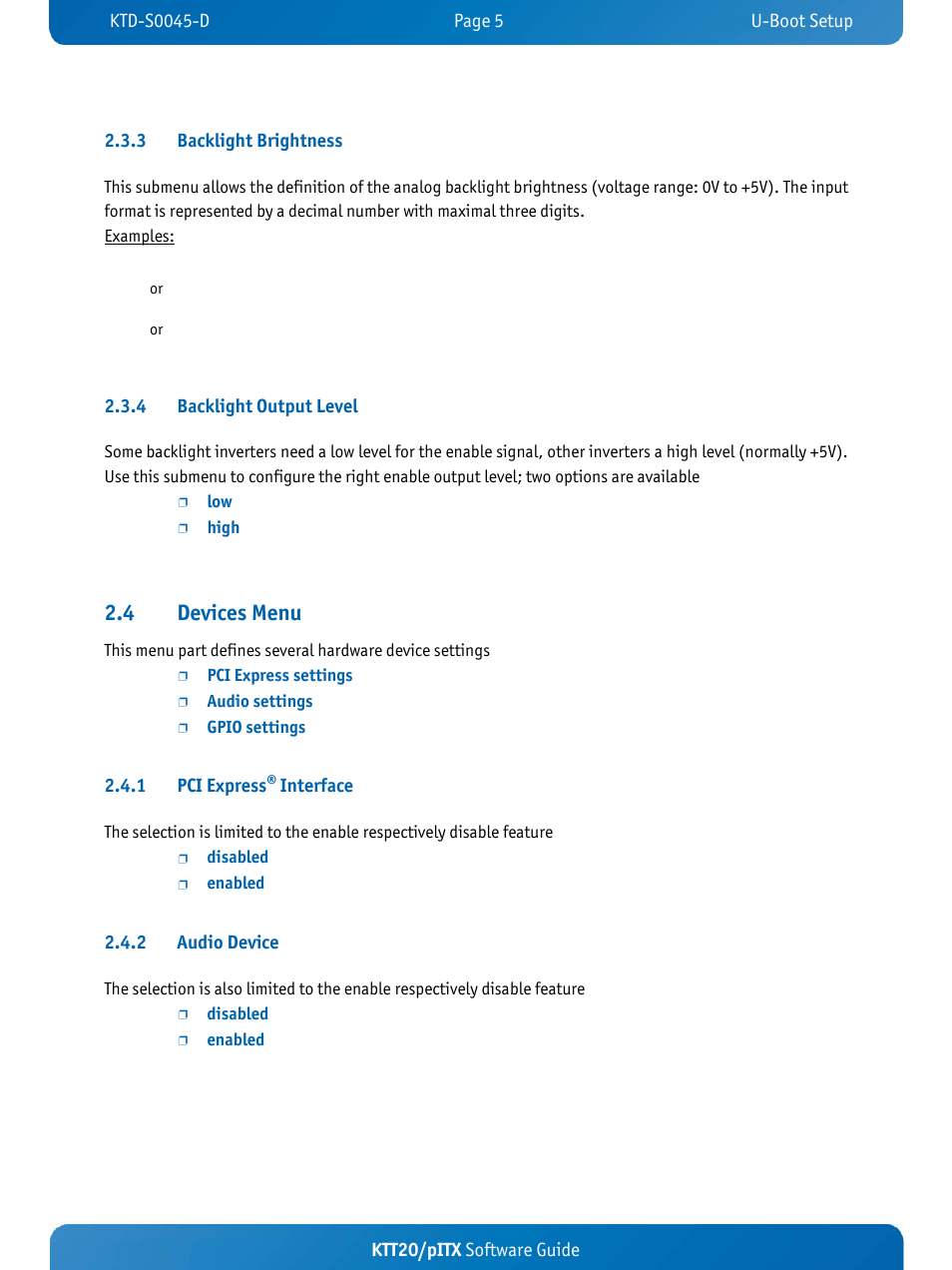 4 devices menu, 4 backlight output level, 1 pci express | Interface, 2 audio device | Kontron KTT20-pITX User Manual | Page 9 / 56