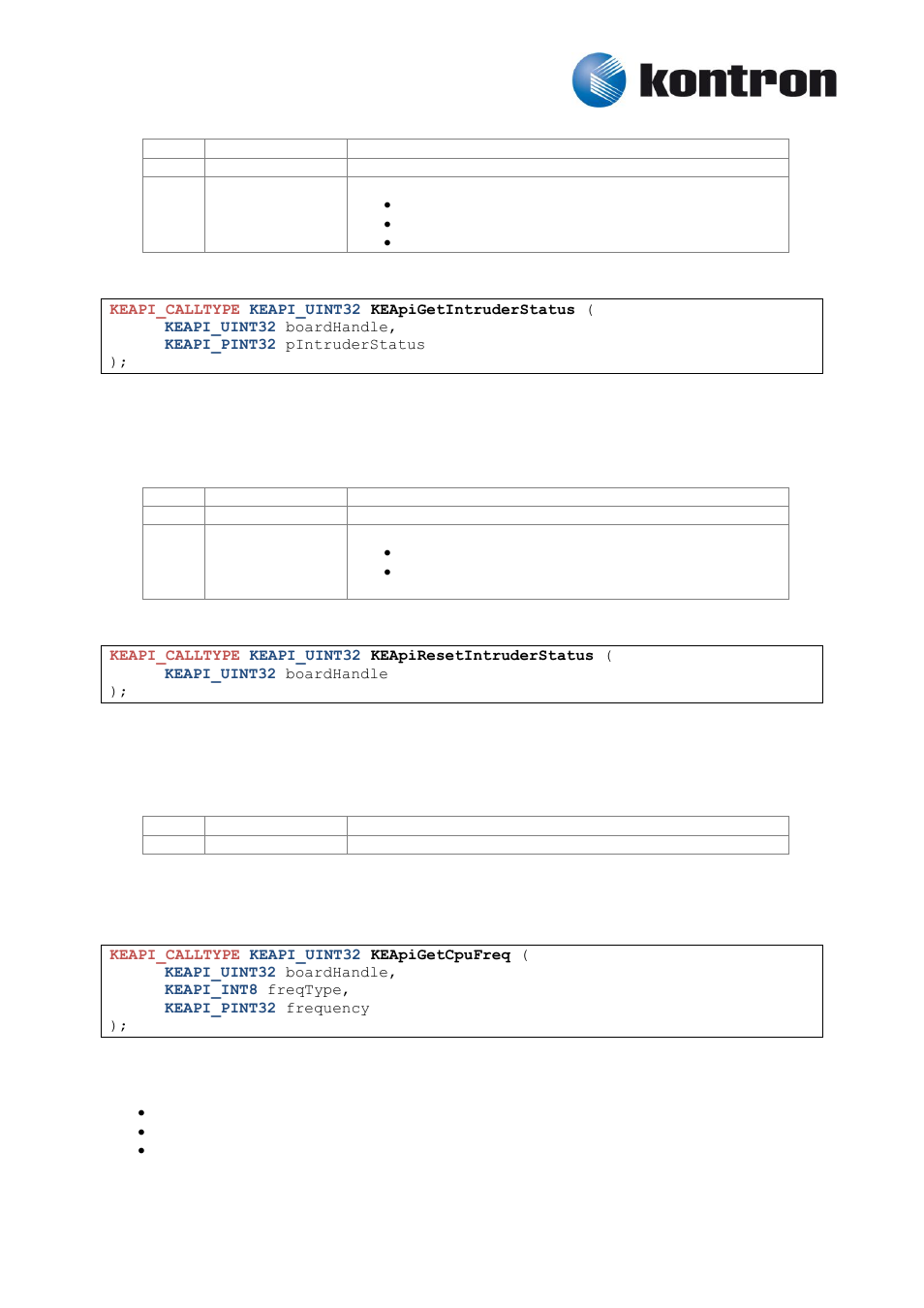 Keapigetintruderstatus, Keapiresetintruderstatus, Keapigetcpufreq | 4 cpu, 7 keapigetintruderstatus, 8 keapiresetintruderstatus, 1 keapigetcpufreq | Kontron KEAPI User Manual | Page 10 / 37