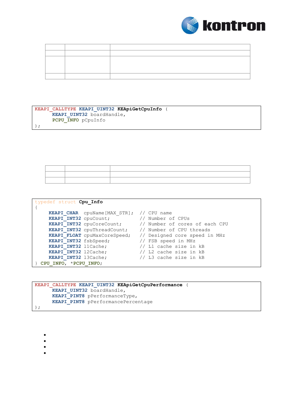 Keapigetcpuinfo, Keapigetcpuperformance, 2 keapigetcpuinfo | 3 keapigetcpuperformance | Kontron KEAPI User Manual | Page 11 / 37