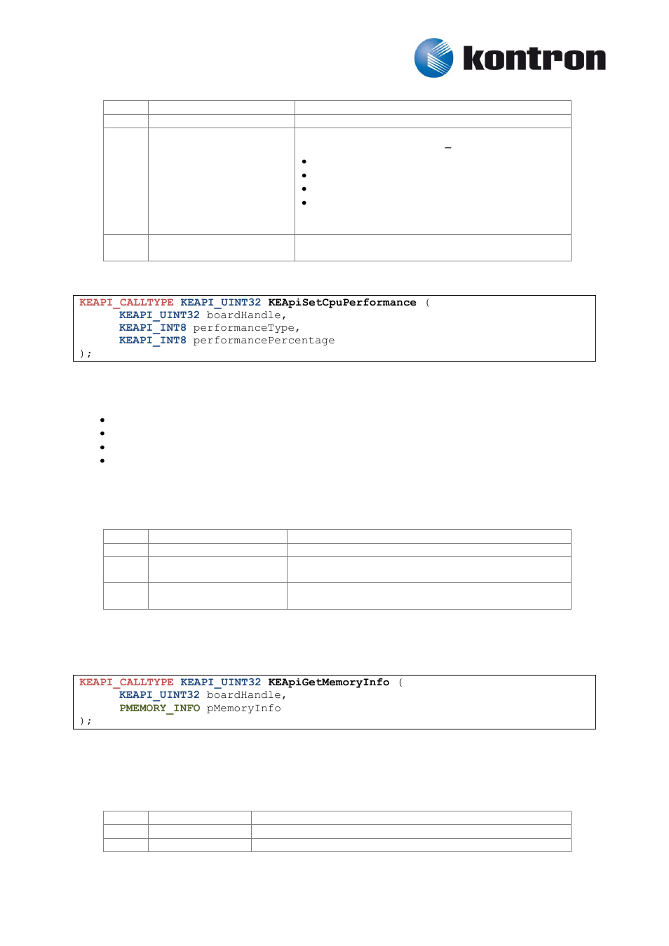 Keapisetcpuperformance, Memory, Keapigetmemoryinfo | 4 keapisetcpuperformance | Kontron KEAPI User Manual | Page 12 / 37