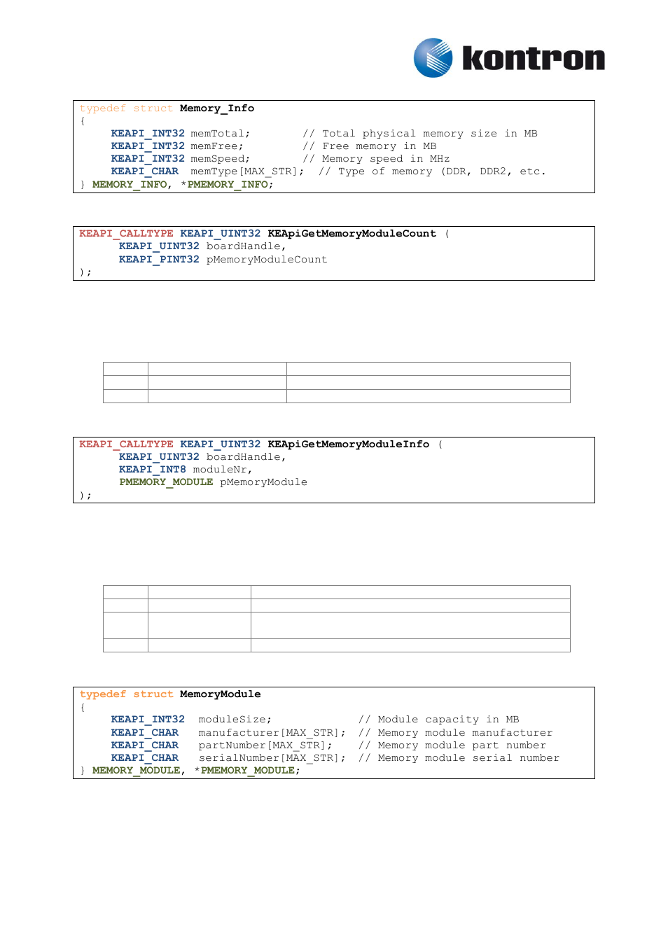 Keapigetmemorymodulecount, Keapigetmemorymoduleinfo | Kontron KEAPI User Manual | Page 13 / 37