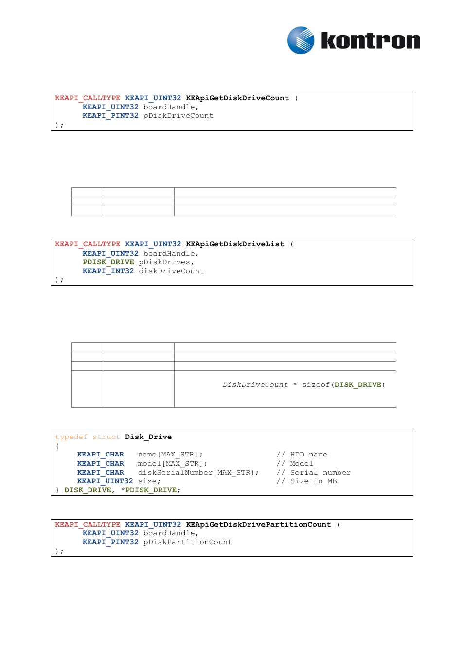 Hard disks and partitions, Keapigetdiskdrivecount, Keapigetdiskdrivelist | Keapigetdiskdrivepartitioncount, 6 hard disks and partitions, 1 keapigetdiskdrivecount, 2 keapigetdiskdrivelist, 3 keapigetdiskdrivepartitioncount | Kontron KEAPI User Manual | Page 14 / 37