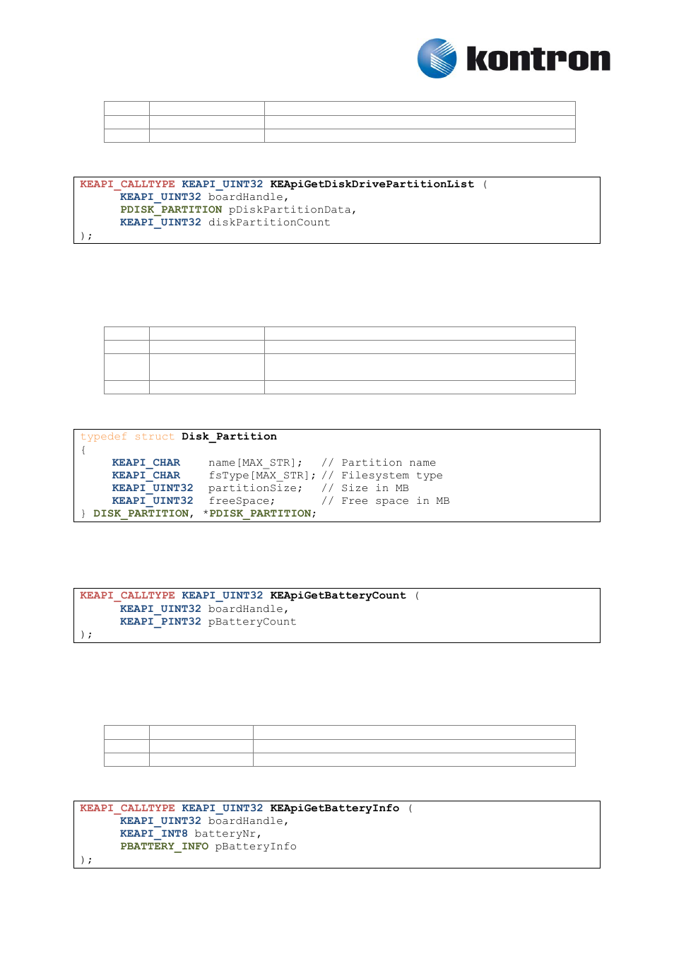 Keapigetdiskdrivepartitionlist, Battery, Keapigetbatterycount | Keapigetbatteryinfo, 7 battery, 4 keapigetdiskdrivepartitionlist, 1 keapigetbatterycount, 2 keapigetbatteryinfo | Kontron KEAPI User Manual | Page 15 / 37