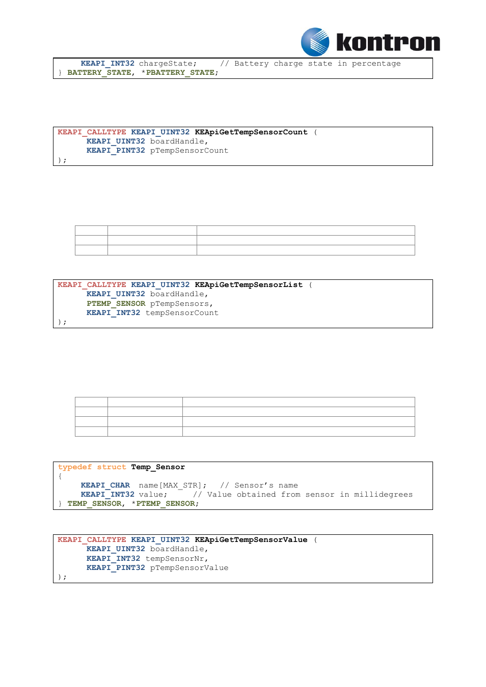 Temperature sensors, Keapigettempsensorcount, Keapigettempsensorlist | Keapigettempsensorvalue, 8 temperature sensors, 1 keapigettempsensorcount, 2 keapigettempsensorlist, 3 keapigettempsensorvalue | Kontron KEAPI User Manual | Page 17 / 37