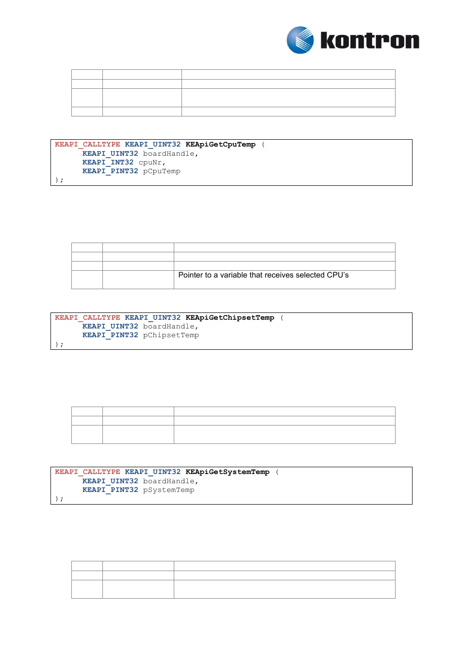 Keapigetcputemp, Keapigetchipsettemp, Keapigetsystemtemp | 4 keapigetcputemp, 5 keapigetchipsettemp, 6 keapigetsystemtemp | Kontron KEAPI User Manual | Page 18 / 37