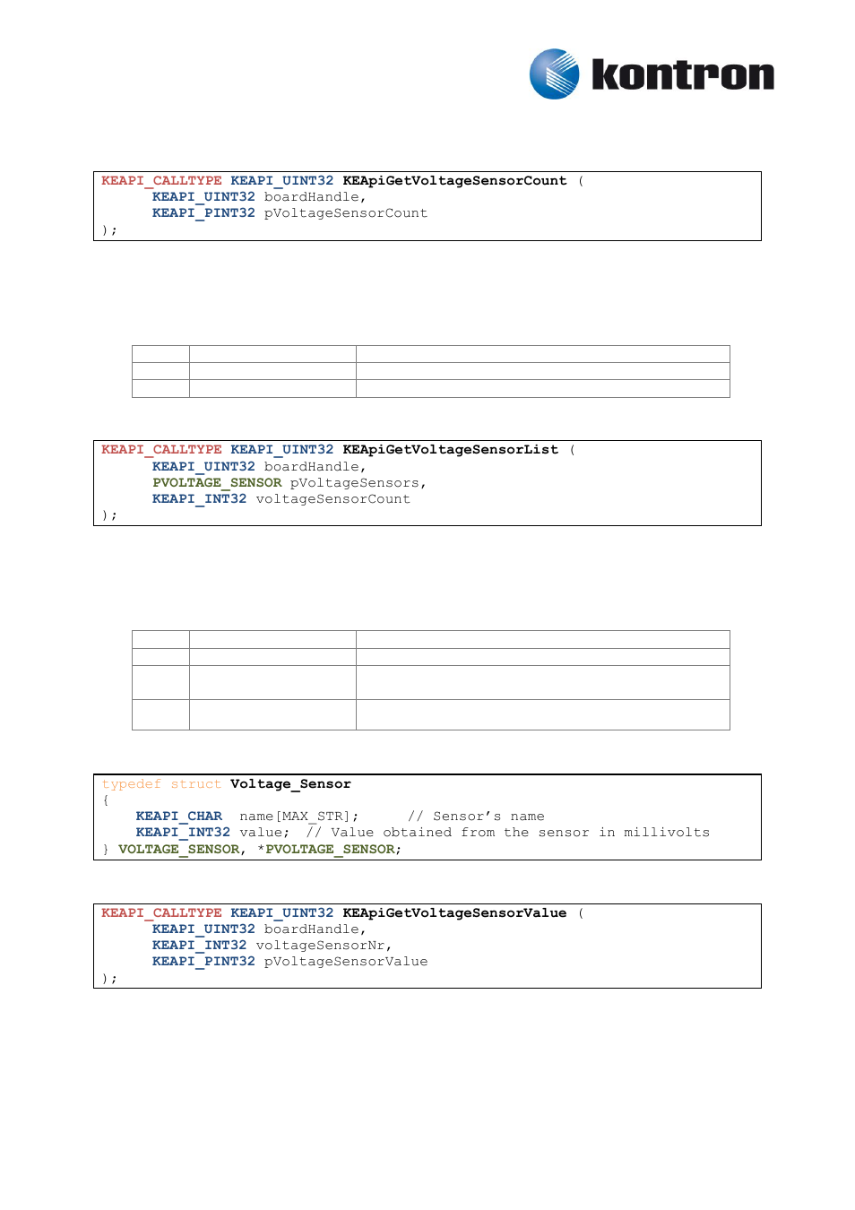 Voltage sensors, Keapigetvoltagesensorcount, Keapigetvoltagesensorlist | Keapigetvoltagesensorvalue, 9 voltage sensors, 1 keapigetvoltagesensorcount, 2 keapigetvoltagesensorlist, 3 keapigetvoltagesensorvalue | Kontron KEAPI User Manual | Page 19 / 37