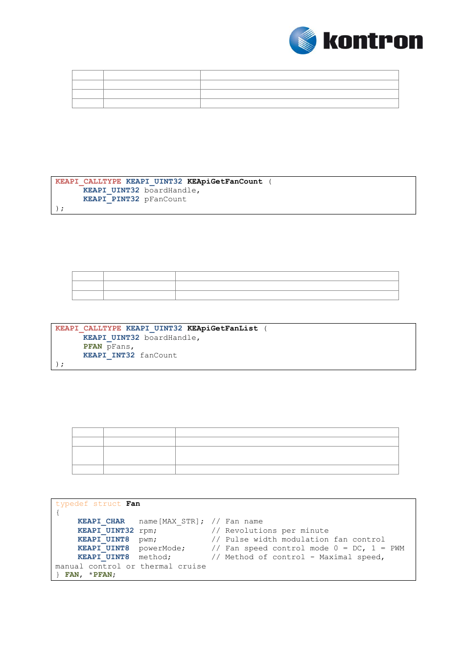 Fan control, Keapigetfancount, Keapigetfanlist | 10 fan control, 1 keapigetfancount, 2 keapigetfanlist | Kontron KEAPI User Manual | Page 20 / 37