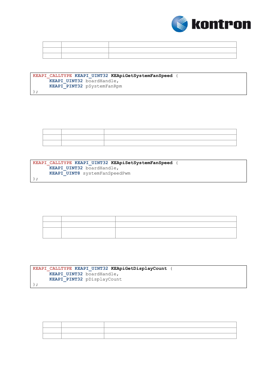 Keapigetsystemfanspeed, Keapisetsystemfanspeed, Display | Keapigetdisplaycount, 11 display, 9 keapigetsystemfanspeed, 10 keapisetsystemfanspeed, 1 keapigetdisplaycount | Kontron KEAPI User Manual | Page 23 / 37