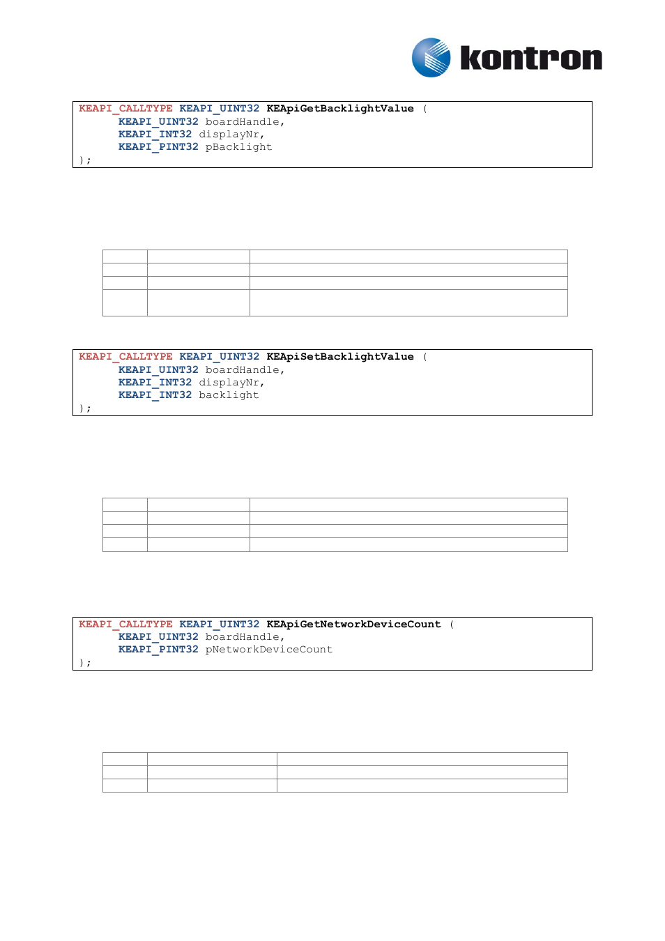 Keapigetbacklightvalue, Keapisetbacklightvalue, Network and pci devices | Keapigetnetworkdevicecount, 12 network and pci devices, 2 keapigetbacklightvalue, 3 keapisetbacklightvalue, 1 keapigetnetworkdevicecount | Kontron KEAPI User Manual | Page 24 / 37