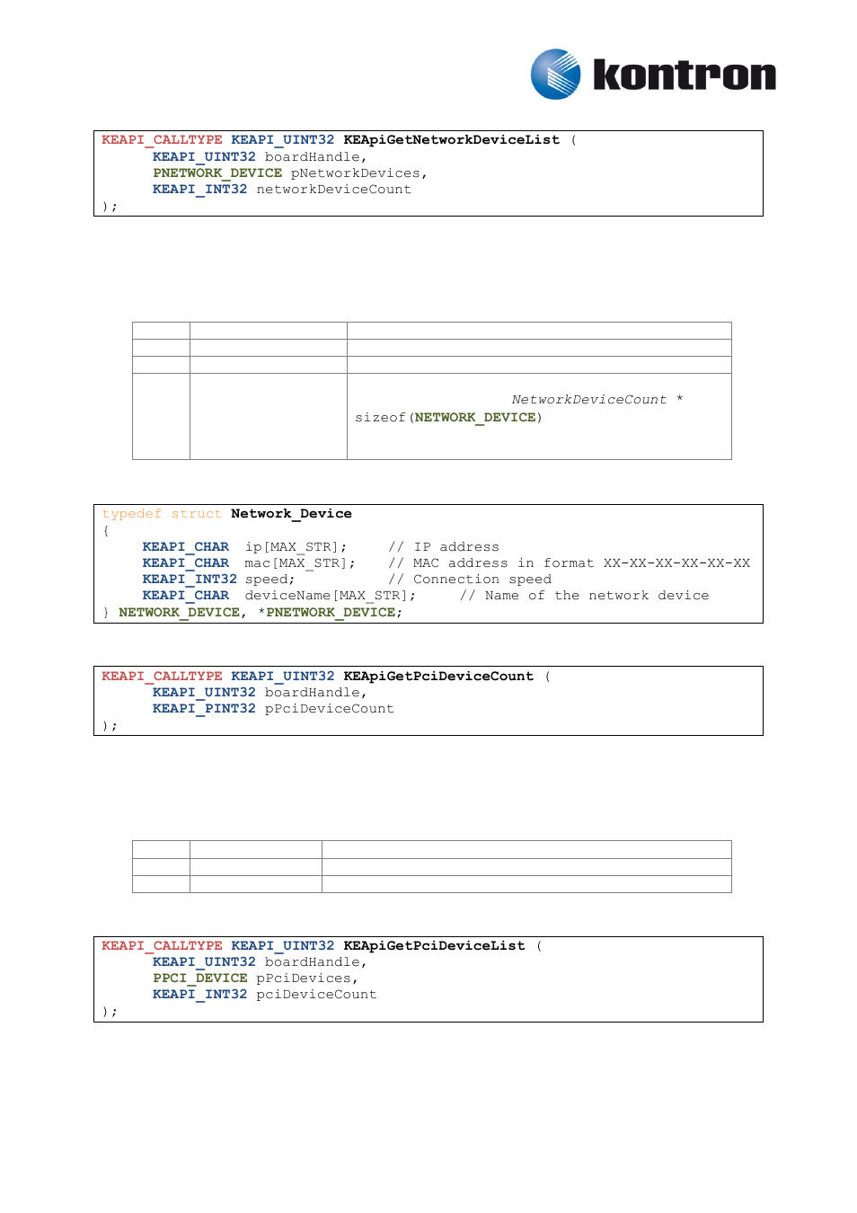 Keapigetnetworkdevicelist, Keapigetpcidevicecount, Keapigetpcidevicelist | 2 keapigetnetworkdevicelist, 3 keapigetpcidevicecount, 4 keapigetpcidevicelist | Kontron KEAPI User Manual | Page 25 / 37