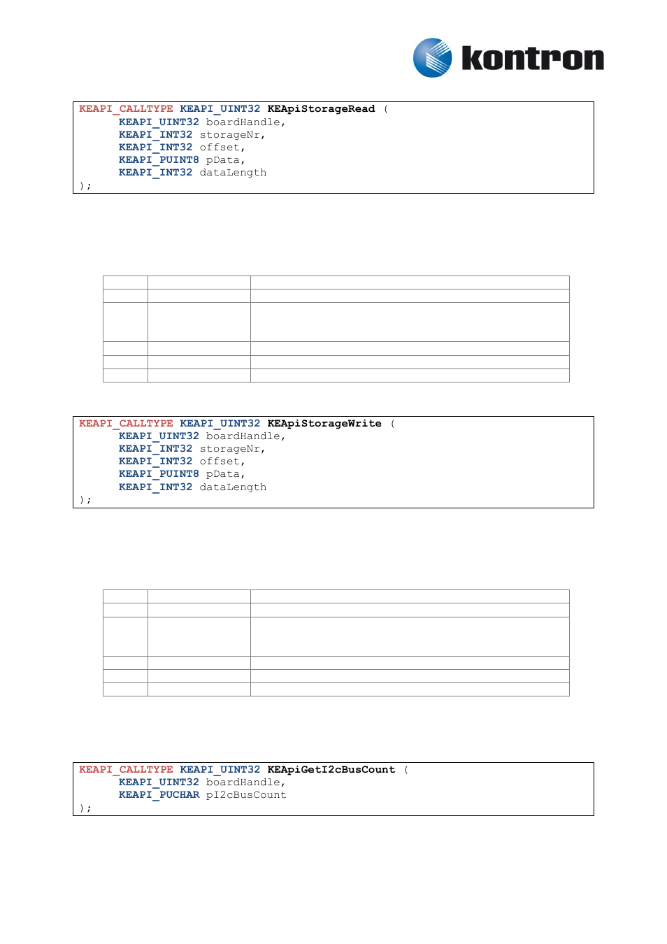 Keapistorageread, Keapistoragewrite, Keapigeti2cbuscount | 14 i2c, 3 keapistorageread, 4 keapistoragewrite, 1 keapigeti2cbuscount | Kontron KEAPI User Manual | Page 27 / 37