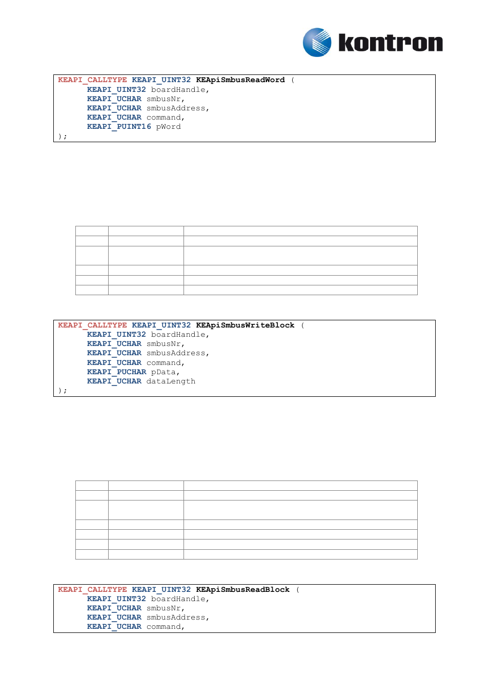Keapismbusreadword, Keapismbuswriteblock, Keapismbusreadblock | 8 keapismbusreadword, 9 keapismbuswriteblock, 10 keapismbusreadblock | Kontron KEAPI User Manual | Page 32 / 37
