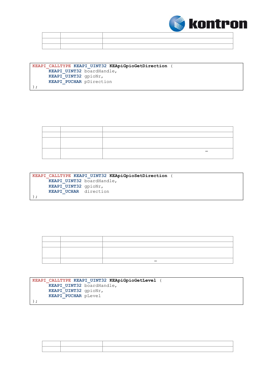 Keapigpiogetdirection, Keapigpiosetdirection, Keapigpiogetlevel | 3 keapigpiogetdirection, 4 keapigpiosetdirection, 5 keapigpiogetlevel | Kontron KEAPI User Manual | Page 34 / 37