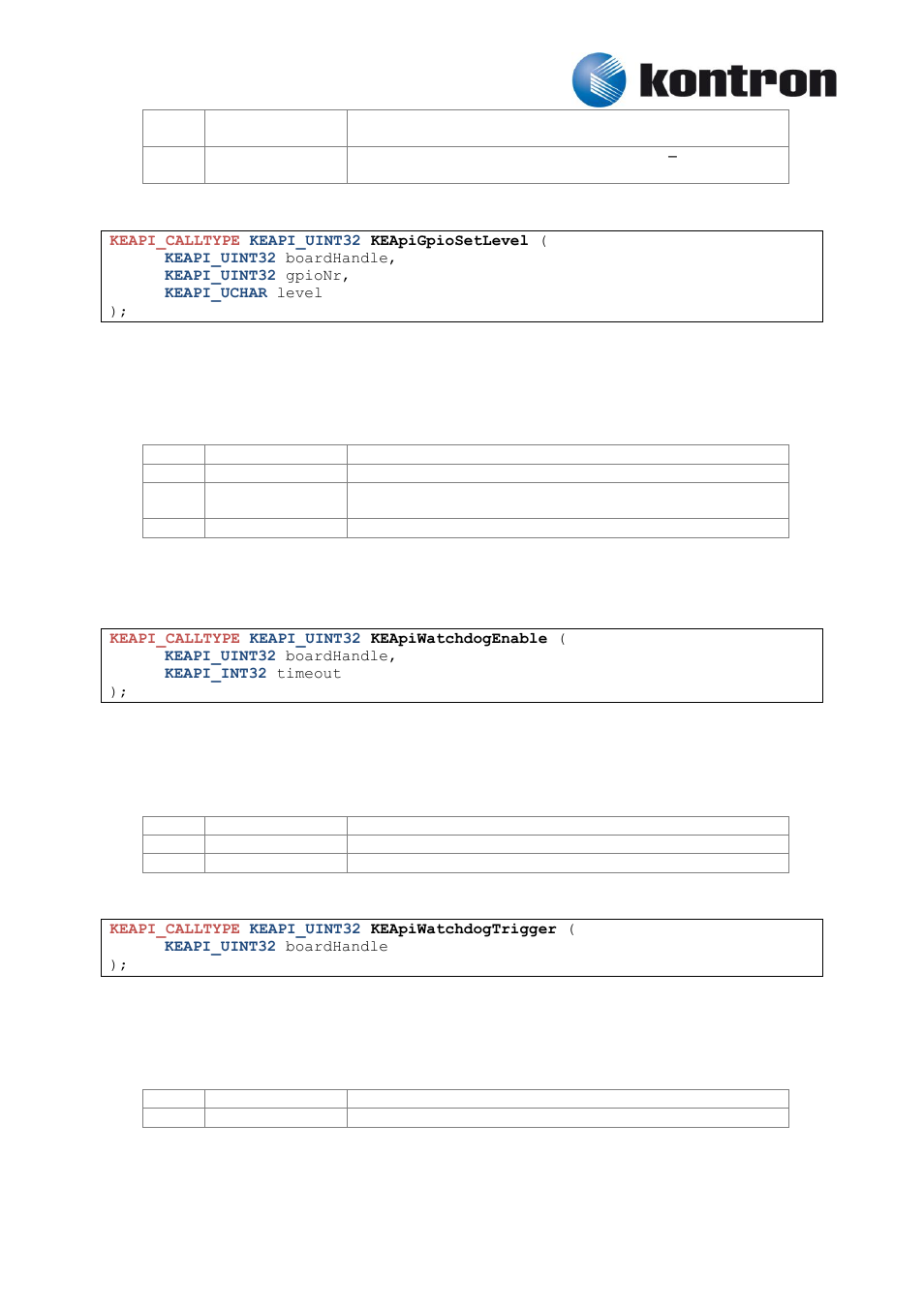 Keapigpiosetlevel, Watchdog, Keapiwatchdogenable | Keapiwatchdogtrigger, 17 watchdog, 6 keapigpiosetlevel, 1 keapiwatchdogenable, 2 keapiwatchdogtrigger | Kontron KEAPI User Manual | Page 35 / 37