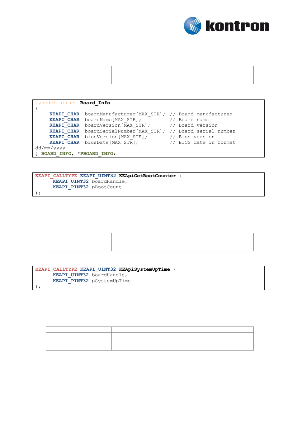 Keapigetbootcounter, Keapisystemuptime, 2 keapigetbootcounter | 3 keapisystemuptime | Kontron KEAPI User Manual | Page 8 / 37