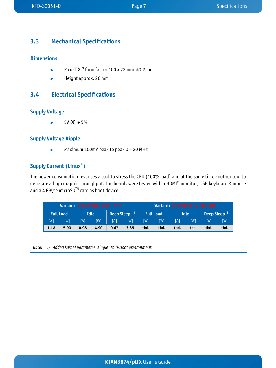 3 mechanical specifications, 4 electrical specifications, Ktam3874/pitx user's guide | Dimensions, Supply voltage, Supply voltage ripple, Supply current (linux | Kontron KTAM3874-pITX User Manual | Page 11 / 55