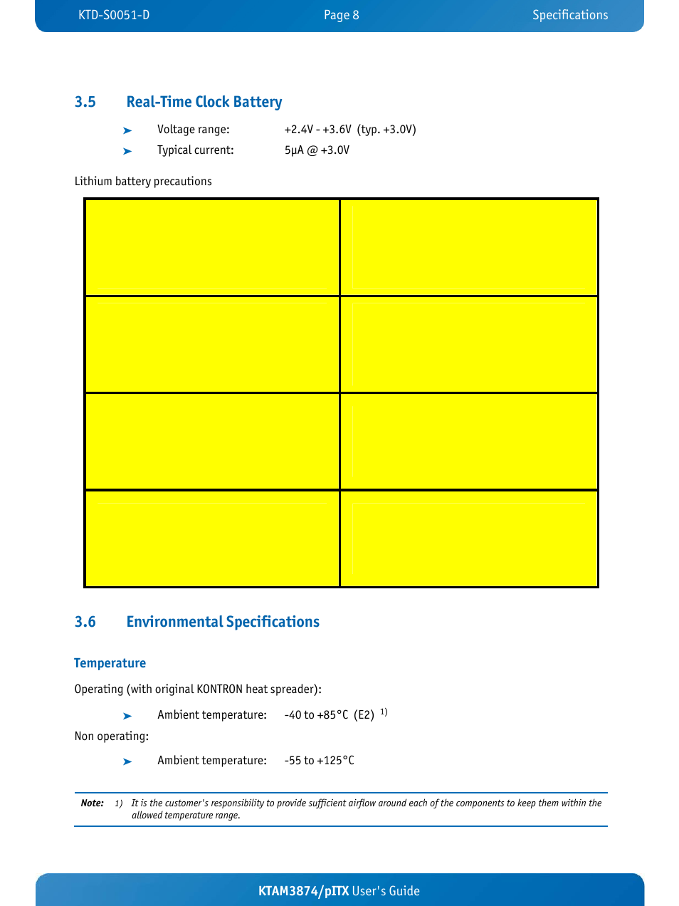 5 real-time clock battery, 6 environmental specifications, Ktam3874/pitx user's guide | Temperature | Kontron KTAM3874-pITX User Manual | Page 12 / 55