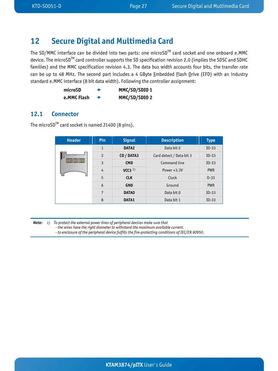 12 secure digital and multimedia card, 1 connector, Ktam3874/pitx user's guide | Kontron KTAM3874-pITX User Manual | Page 31 / 55