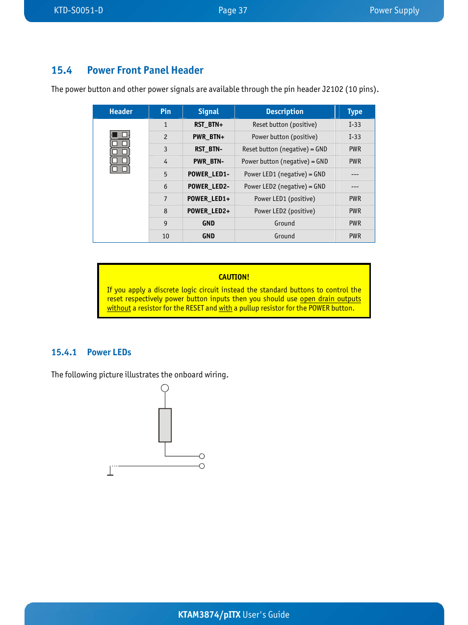 4 power front panel header, Ktam3874/pitx user's guide, 1 power leds | Kontron KTAM3874-pITX User Manual | Page 41 / 55