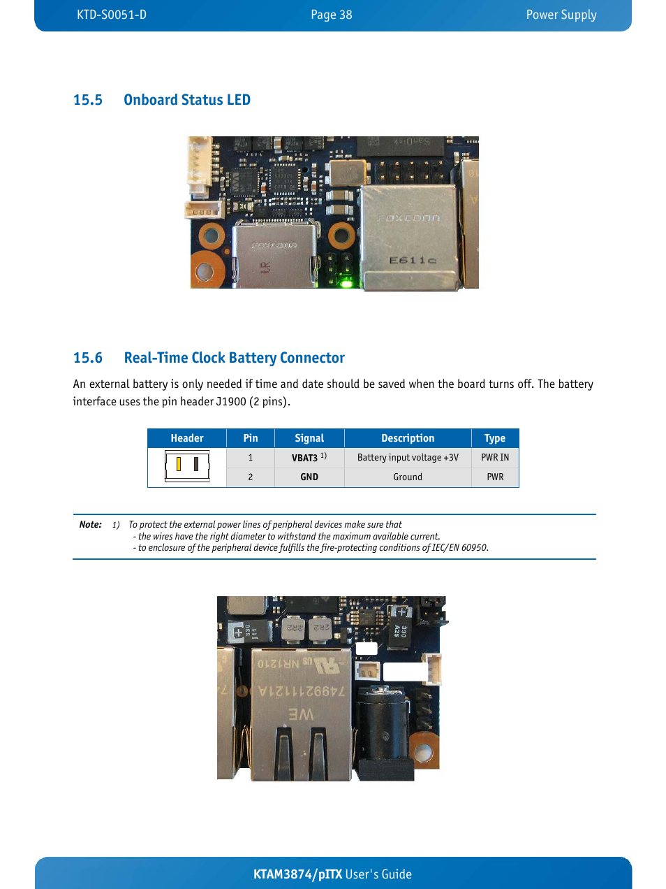 5 onboard status led, 6 real-time clock battery connector, Ktam3874/pitx user's guide | Kontron KTAM3874-pITX User Manual | Page 42 / 55