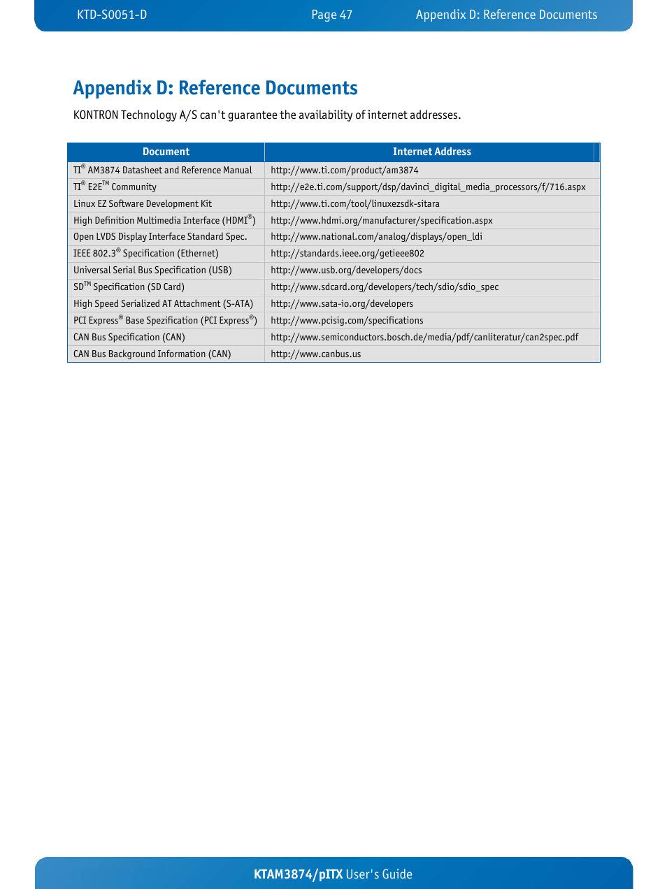 Appendix d: reference documents, Ktam3874/pitx user's guide | Kontron KTAM3874-pITX User Manual | Page 51 / 55