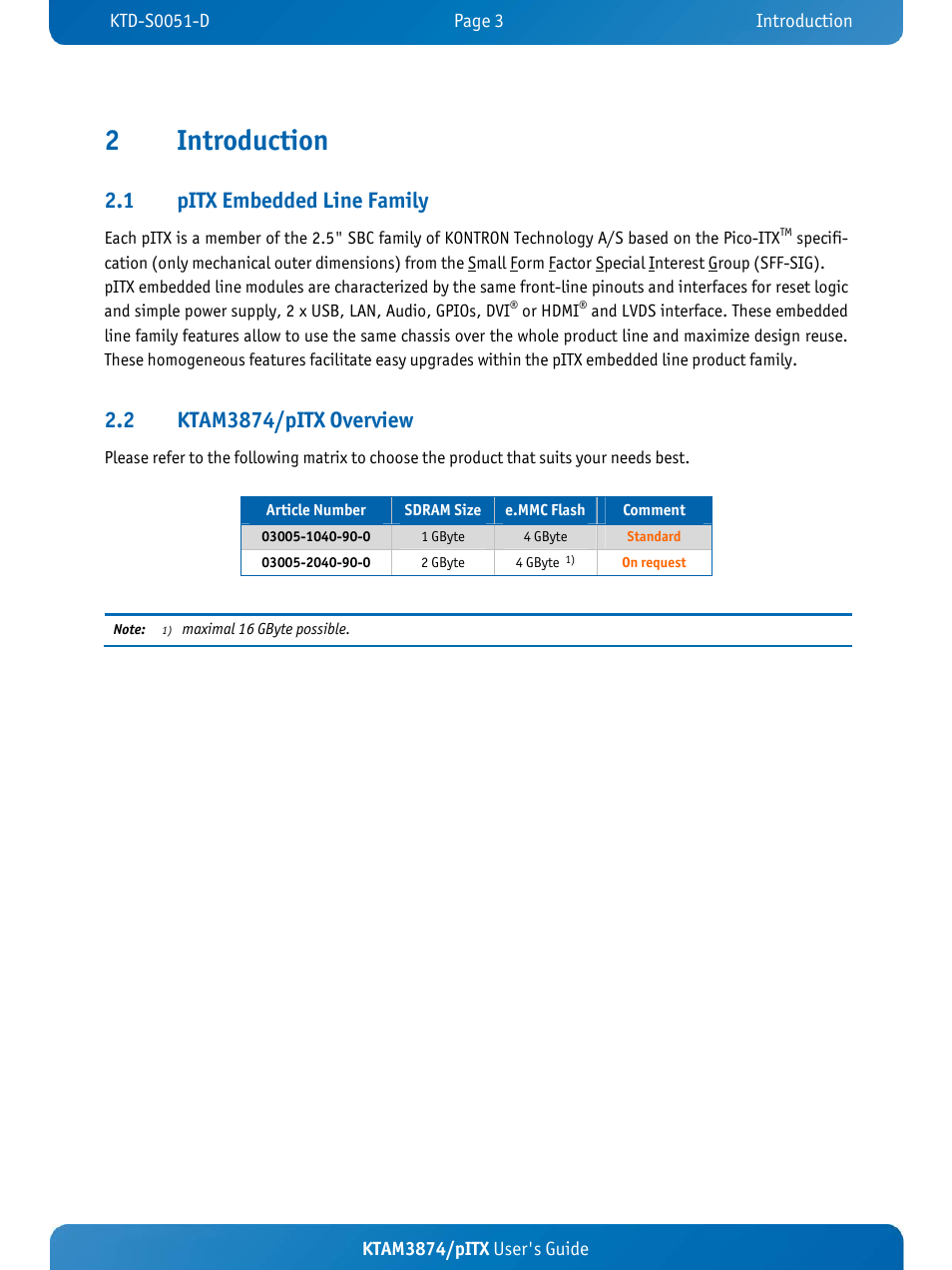 2introduction, 1 pitx embedded line family | Kontron KTAM3874-pITX User Manual | Page 7 / 55