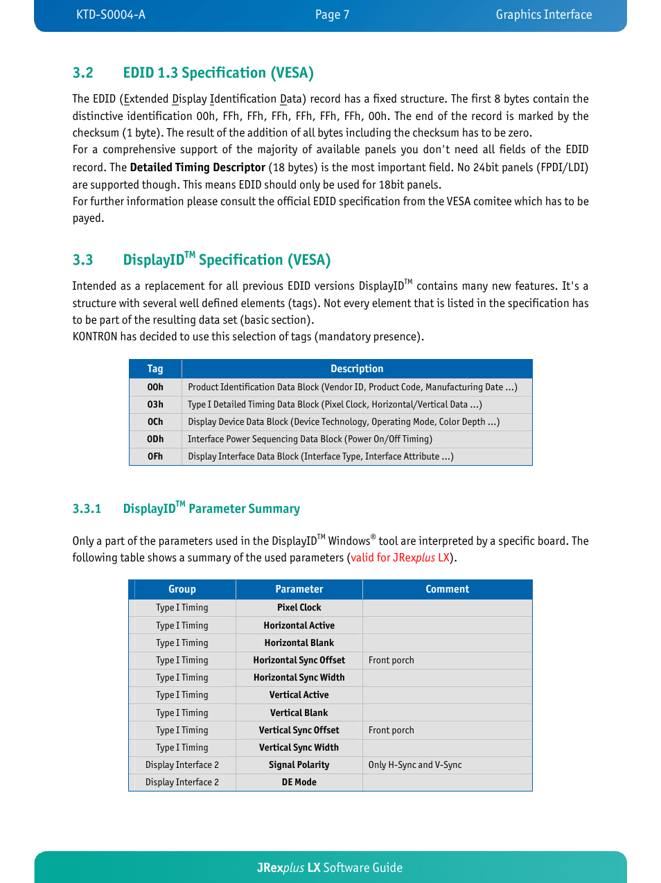 2 edid 1.3 specification (vesa), 3 displayid, Specification (vesa) | Jrex plus lx software guide, 1 displayid, Parameter summary | Kontron JRexplus-LX User Manual | Page 10 / 35