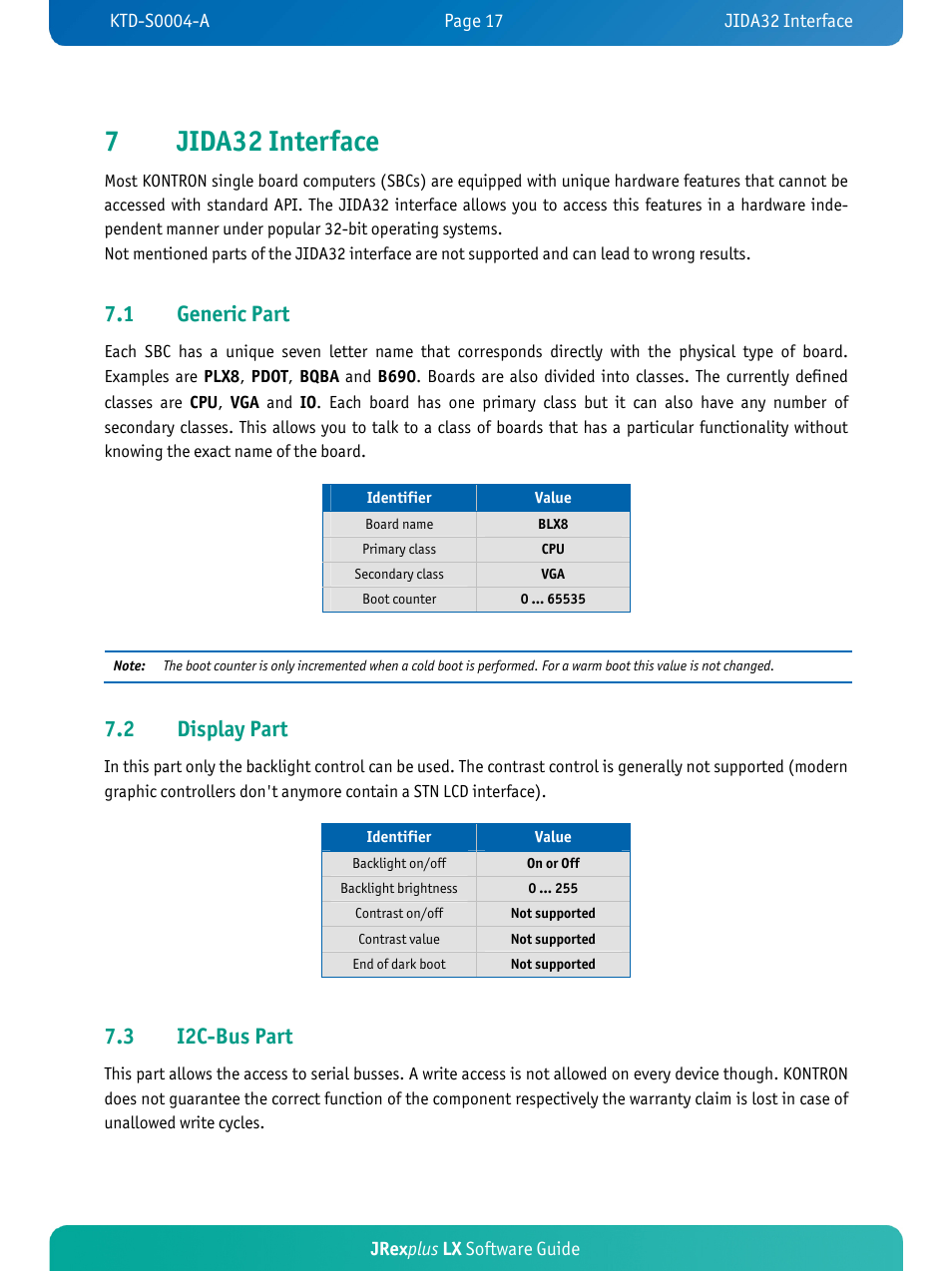 7jida32 interface, 1 generic part, 2 display part | 3 i2c-bus part | Kontron JRexplus-LX User Manual | Page 20 / 35