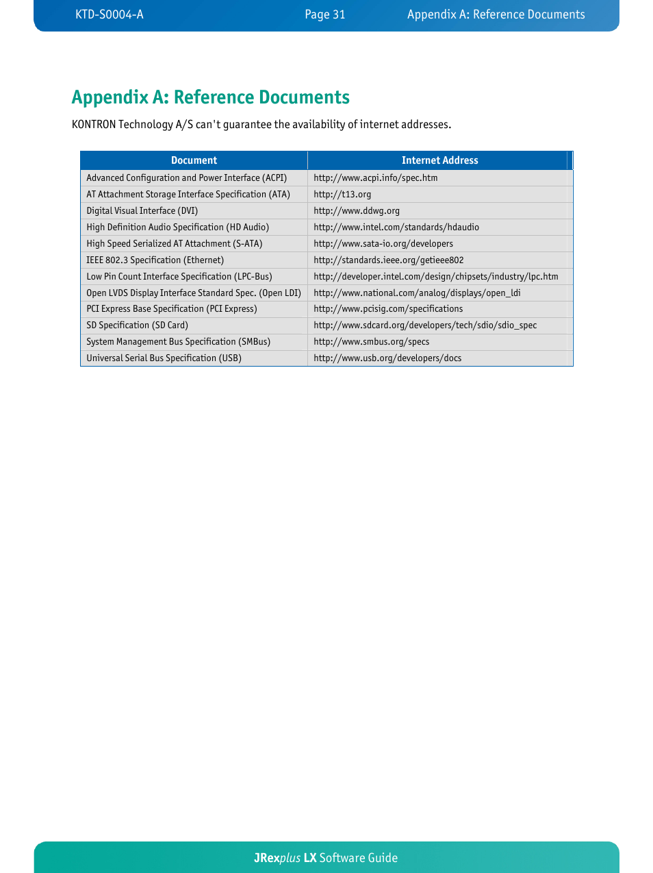 Appendix a: reference documents, Jrex plus lx software guide | Kontron JRexplus-LX User Manual | Page 34 / 35