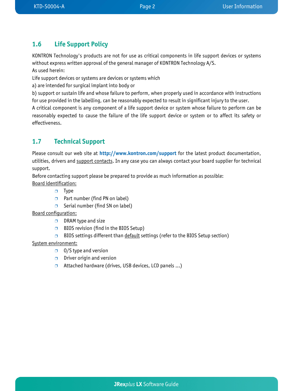 6 life support policy, 7 technical support | Kontron JRexplus-LX User Manual | Page 5 / 35