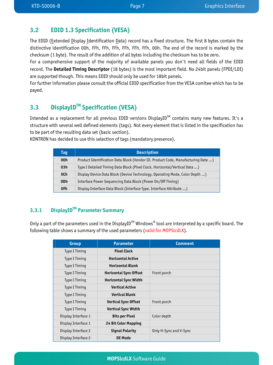 2 edid 1.3 specification (vesa), 3 displayid, Specification (vesa) | Mopslcdlx software guide, 1 displayid, Parameter summary | Kontron MOPSlcdLX User Manual | Page 10 / 31