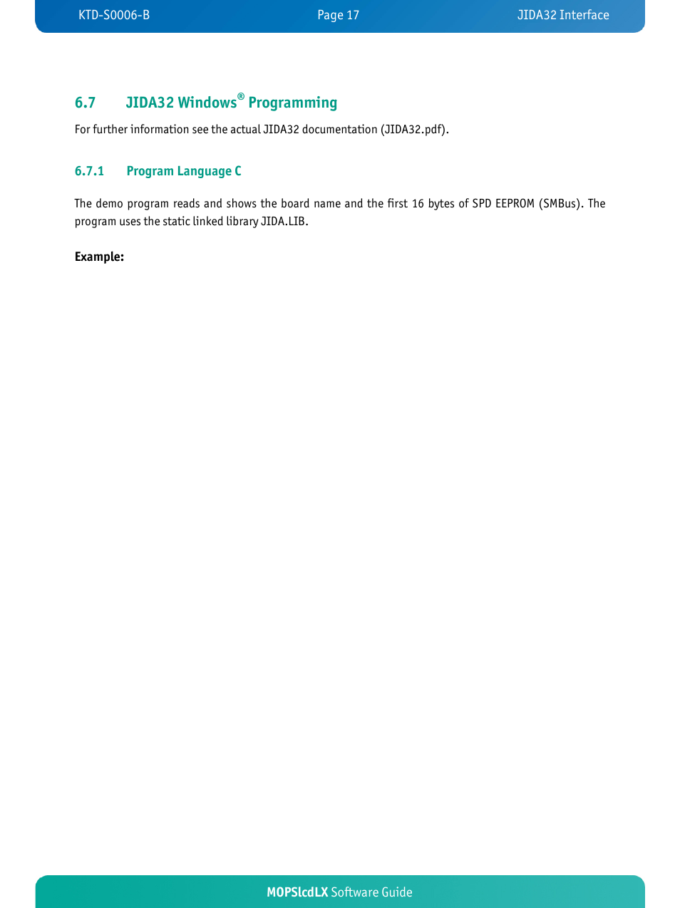 7 jida32 windows, Programming, Mopslcdlx software guide | 1 program language c, Example | Kontron MOPSlcdLX User Manual | Page 20 / 31