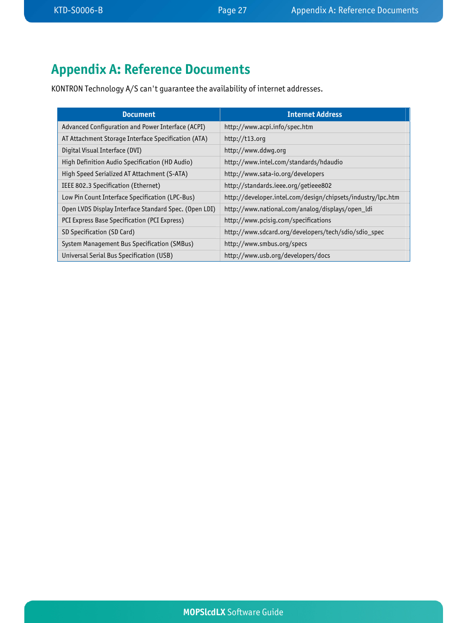 Appendix a: reference documents, Mopslcdlx software guide | Kontron MOPSlcdLX User Manual | Page 30 / 31