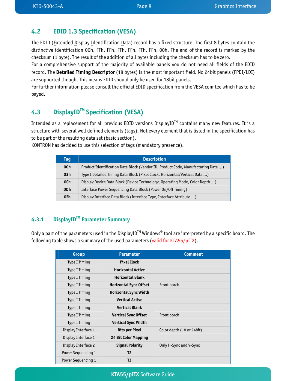 Edid 1.3 specification (vesa), Displayid, Specification (vesa) | Parameter summary, 2 edid 1.3 specification (vesa), 3 displayid, Kta55/pitx software guide, 1 displayid | Kontron KTA55-pITX User Manual | Page 11 / 25