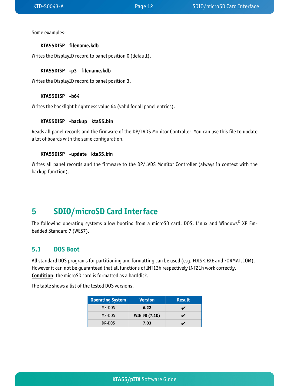 Sdio/microsd card interface, Dos boot, 5sdio/microsd card interface | 1 dos boot, Kta55/pitx software guide | Kontron KTA55-pITX User Manual | Page 15 / 25